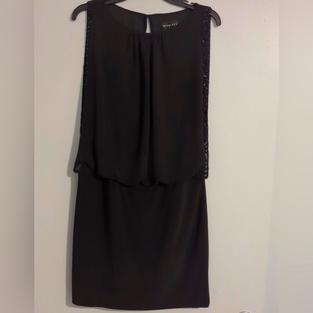 Scarlett Elegant Night Evening Cocktail Party Black Beaded Layered Slvless Dress